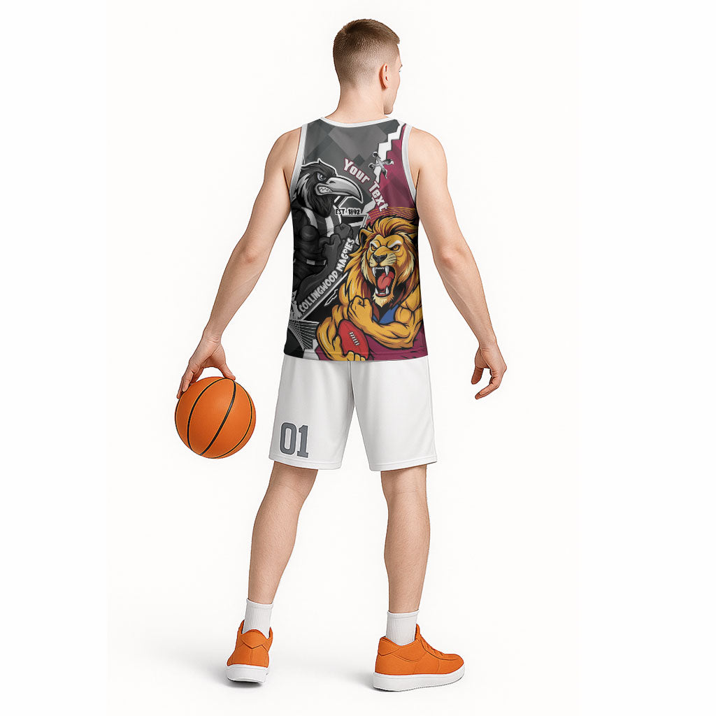 Personalised Collingwood and Brisbane Lions Basketball Jersey Dynamic Mascots Together