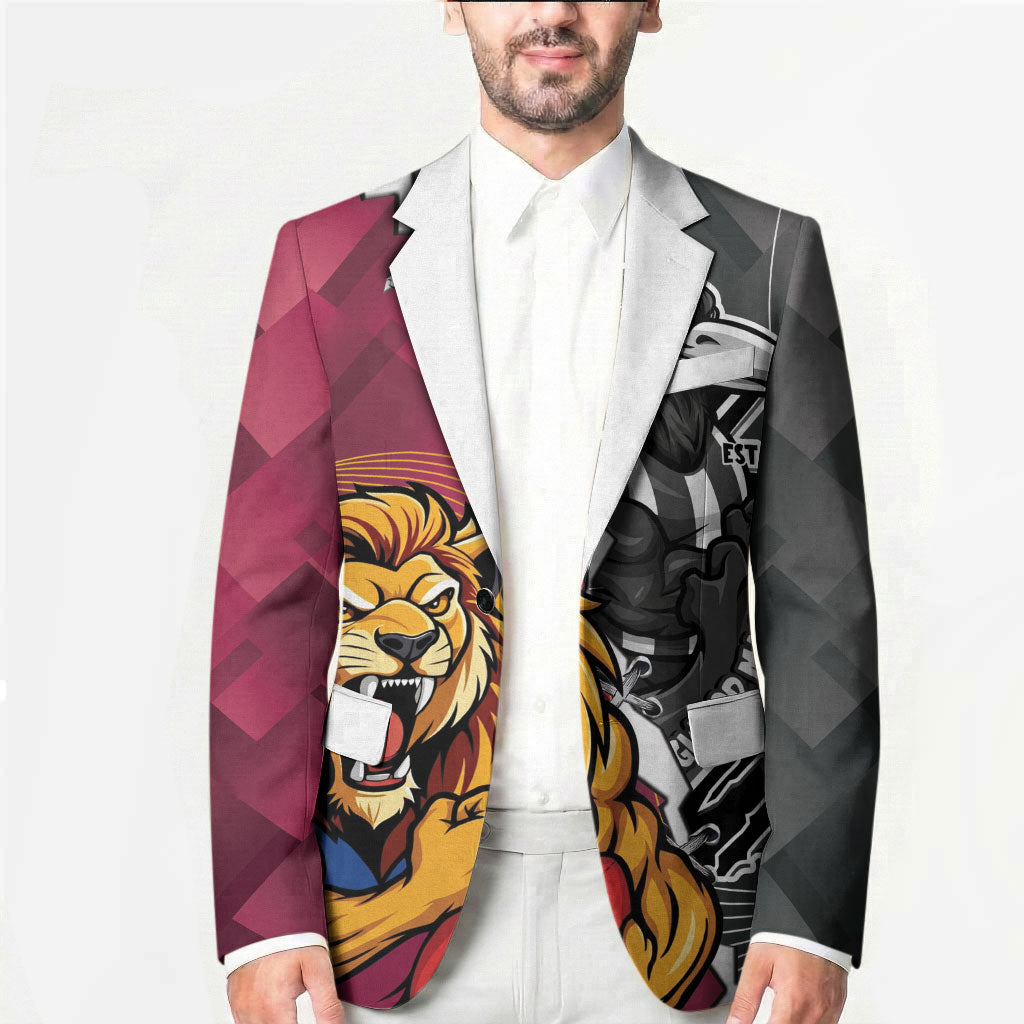 Personalised Collingwood and Brisbane Lions Blazer Dynamic Mascots Together