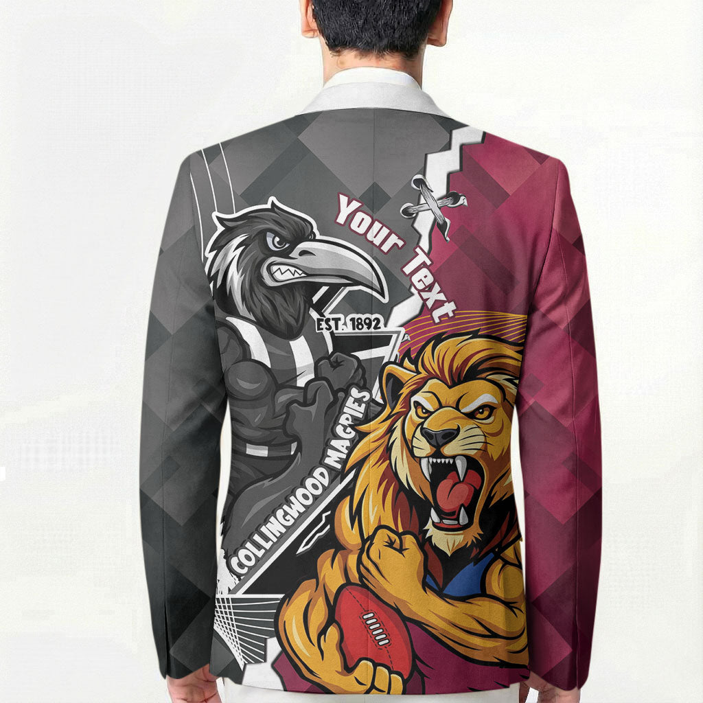 Personalised Collingwood and Brisbane Lions Blazer Dynamic Mascots Together