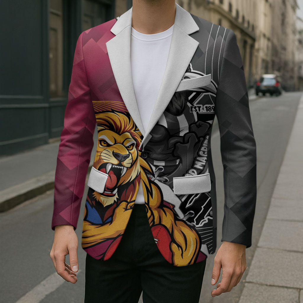 Personalised Collingwood and Brisbane Lions Blazer Dynamic Mascots Together