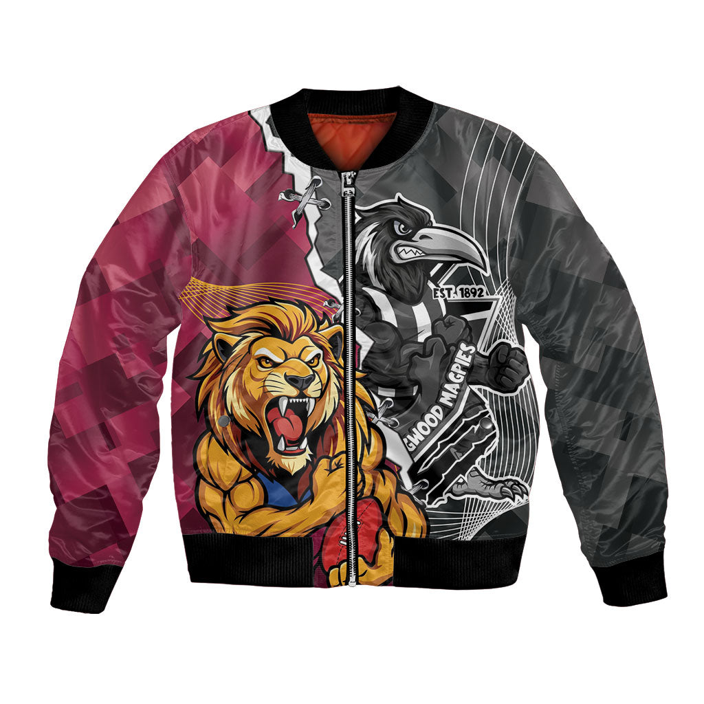 Personalised Collingwood and Brisbane Lions Bomber Jacket Dynamic Mascots Together
