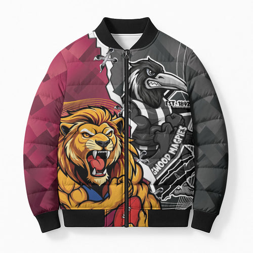 Personalised Collingwood and Brisbane Lions Bomber Puffer Jacket Dynamic Mascots Together