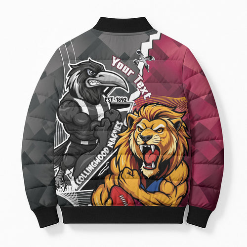 Personalised Collingwood and Brisbane Lions Bomber Puffer Jacket Dynamic Mascots Together