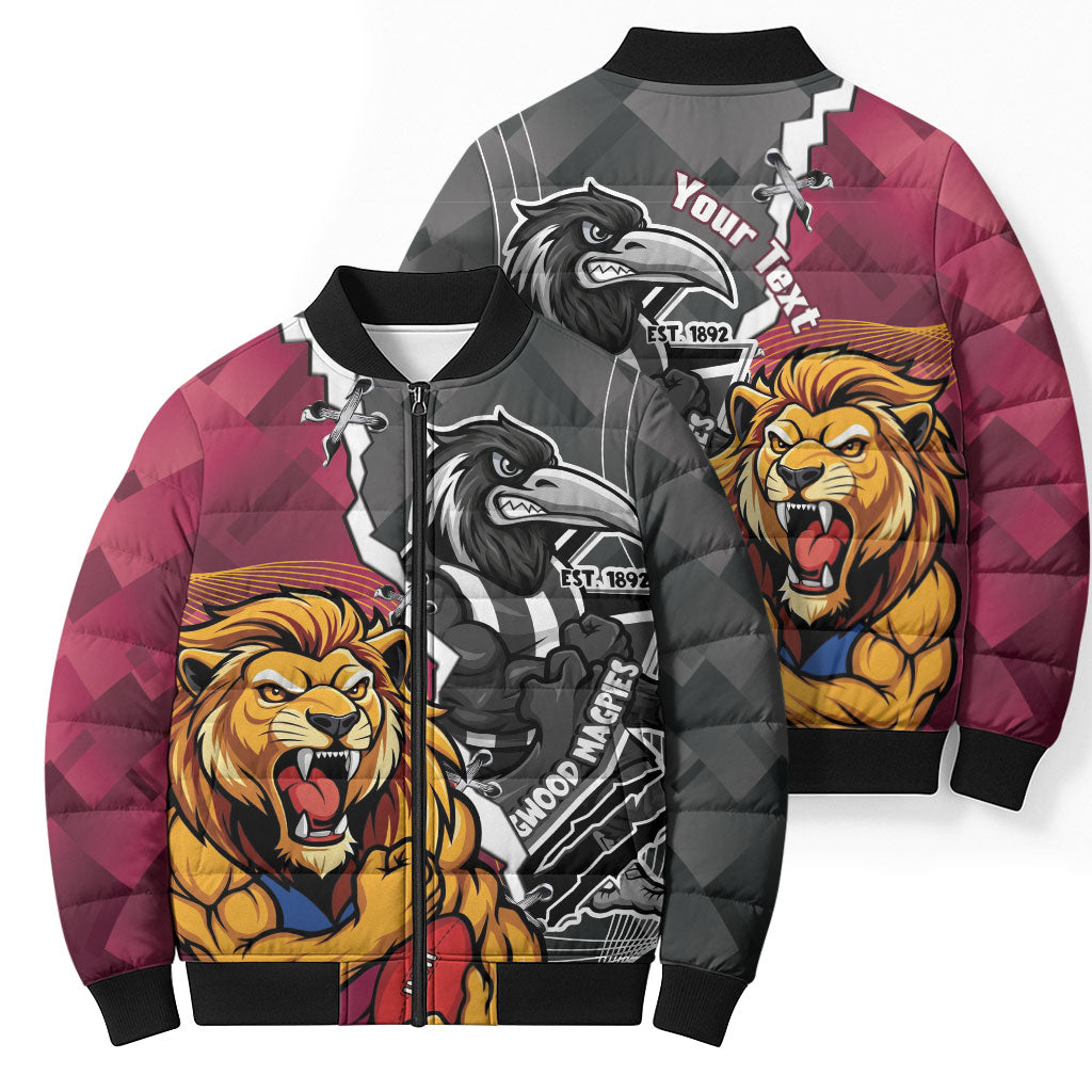 Personalised Collingwood and Brisbane Lions Bomber Puffer Jacket Dynamic Mascots Together