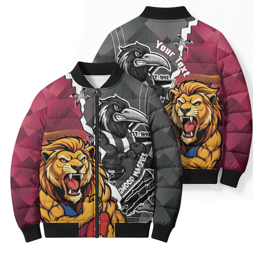 Personalised Collingwood and Brisbane Lions Bomber Puffer Jacket Dynamic Mascots Together