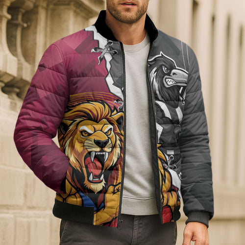 Personalised Collingwood and Brisbane Lions Bomber Puffer Jacket Dynamic Mascots Together