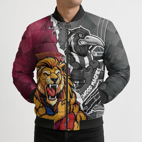 Personalised Collingwood and Brisbane Lions Bomber Puffer Jacket Dynamic Mascots Together