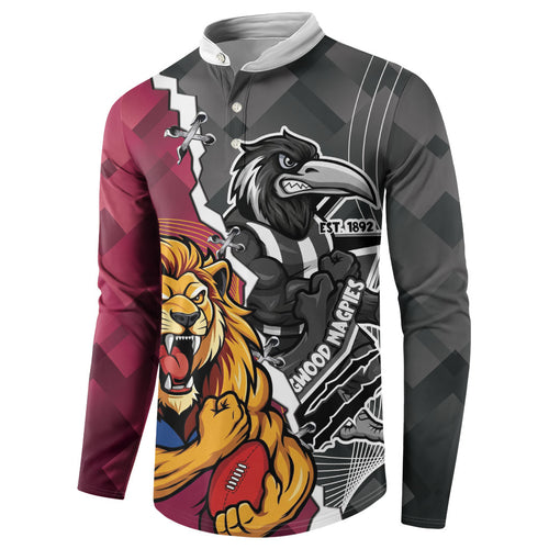 Personalised Collingwood and Brisbane Lions Button Sweatshirt Dynamic Mascots Together