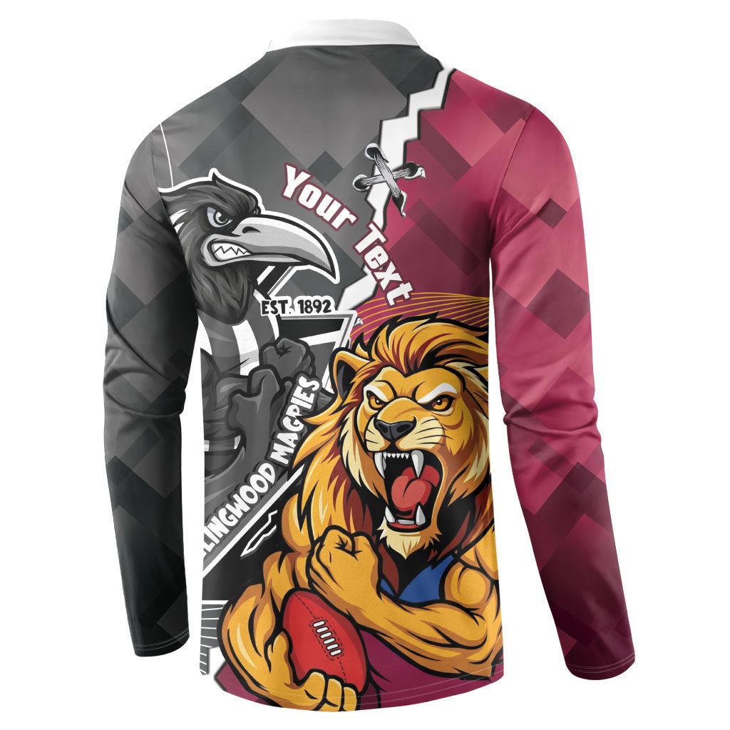 Personalised Collingwood and Brisbane Lions Button Sweatshirt Dynamic Mascots Together