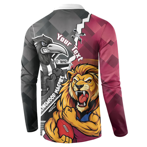 Personalised Collingwood and Brisbane Lions Button Sweatshirt Dynamic Mascots Together