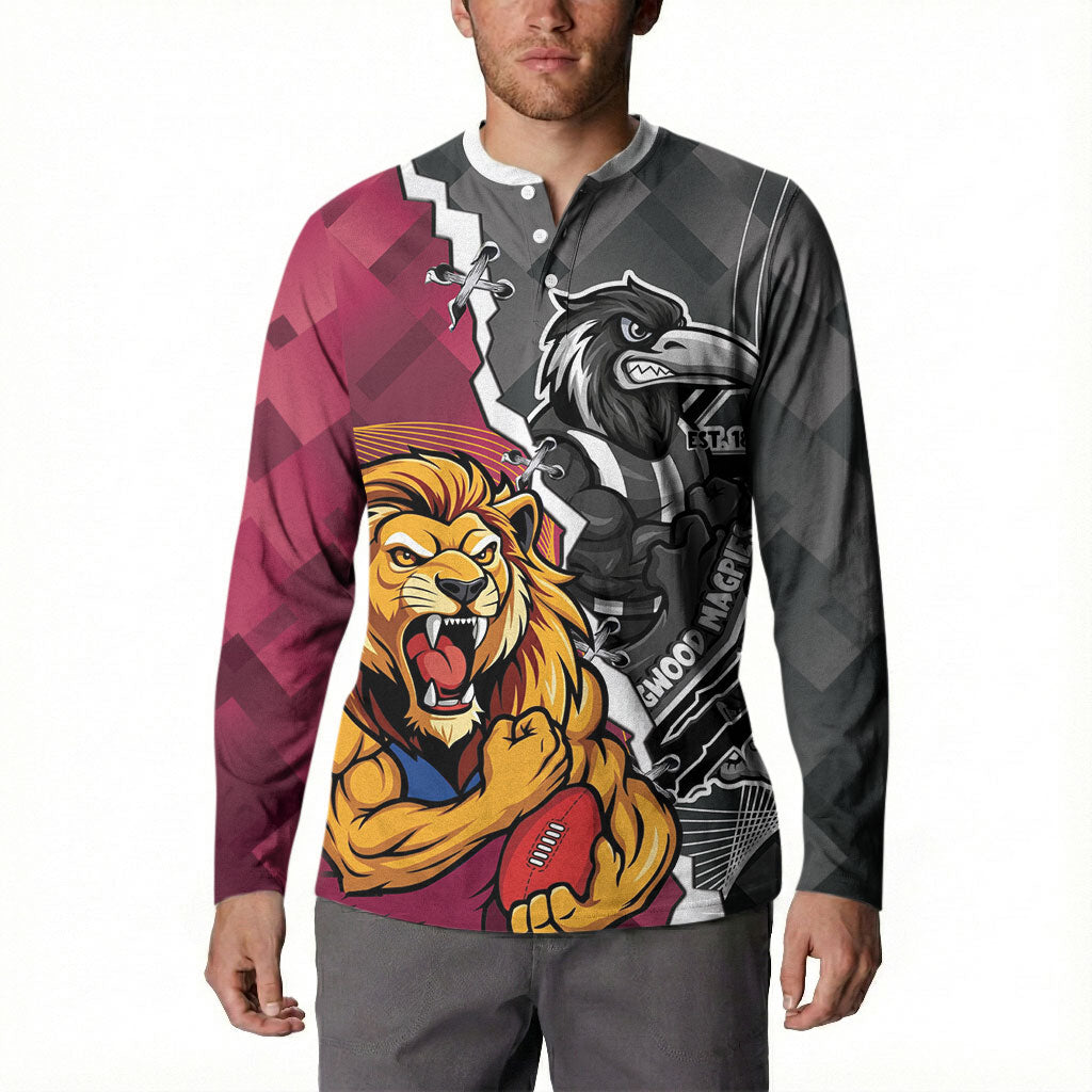 Personalised Collingwood and Brisbane Lions Button Sweatshirt Dynamic Mascots Together