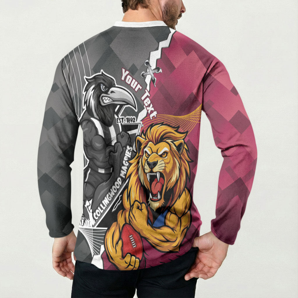Personalised Collingwood and Brisbane Lions Button Sweatshirt Dynamic Mascots Together