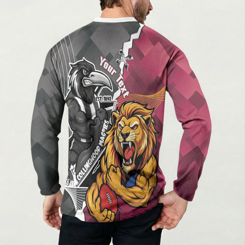Personalised Collingwood and Brisbane Lions Button Sweatshirt Dynamic Mascots Together