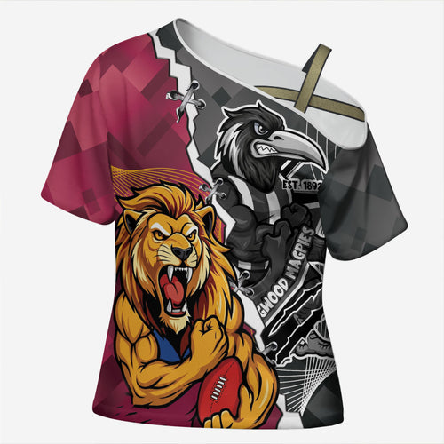 Personalised Collingwood and Brisbane Lions Cross Shoulder Shirt Dynamic Mascots Together