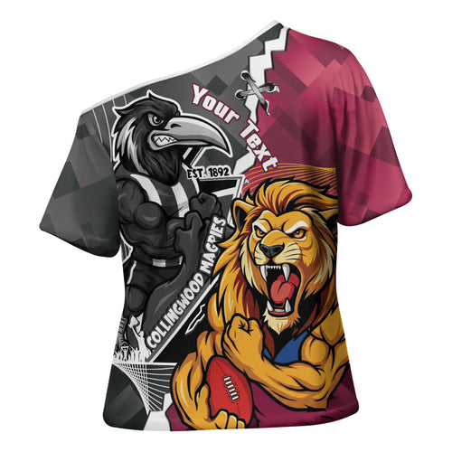 Personalised Collingwood and Brisbane Lions Cross Shoulder Shirt Dynamic Mascots Together