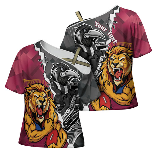 Personalised Collingwood and Brisbane Lions Cross Shoulder Shirt Dynamic Mascots Together