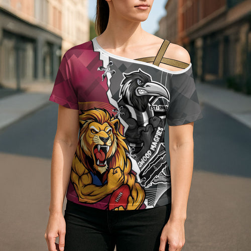 Personalised Collingwood and Brisbane Lions Cross Shoulder Shirt Dynamic Mascots Together