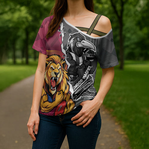 Personalised Collingwood and Brisbane Lions Cross Shoulder Shirt Dynamic Mascots Together