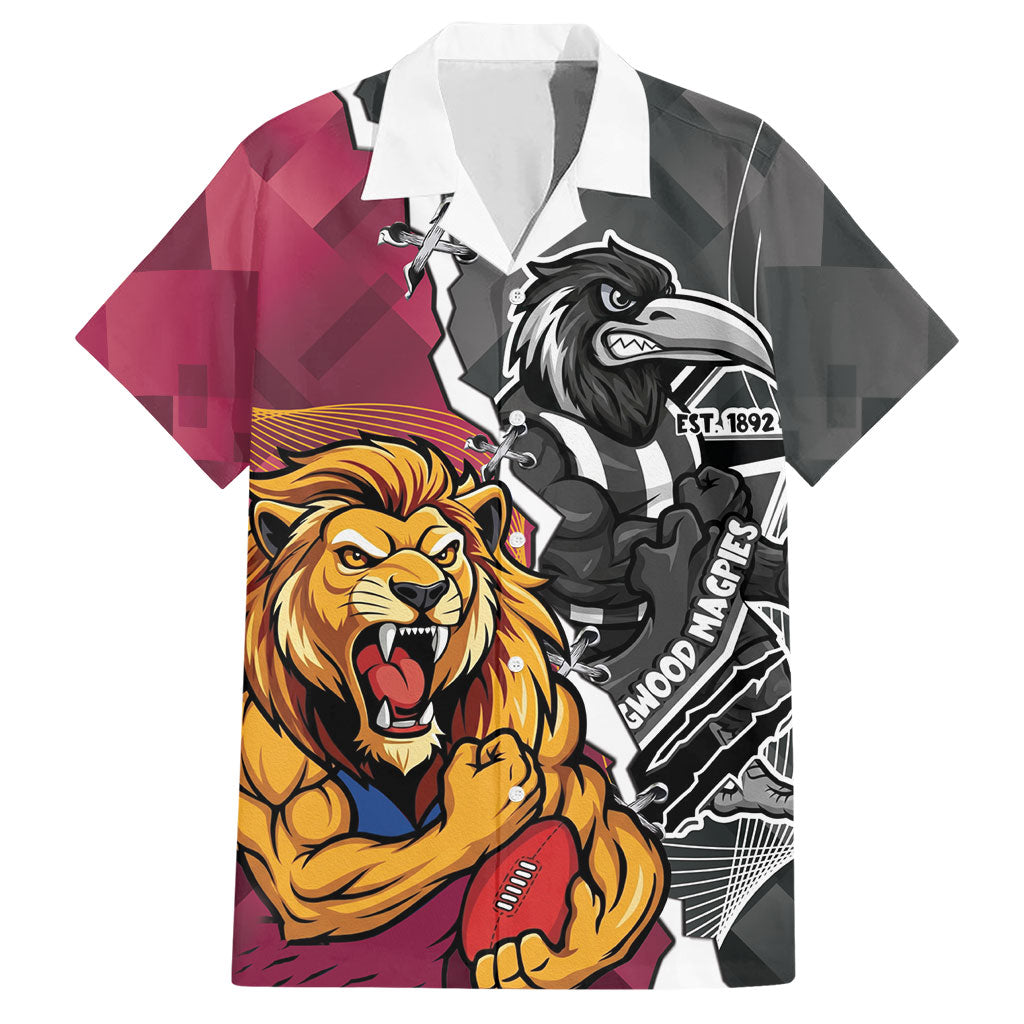 Personalised Collingwood and Brisbane Lions Hawaiian Shirt Dynamic Mascots Together