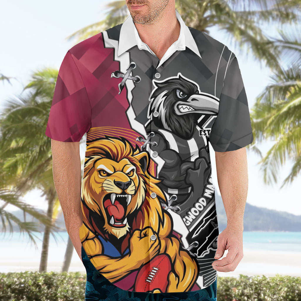 Personalised Collingwood and Brisbane Lions Hawaiian Shirt Dynamic Mascots Together