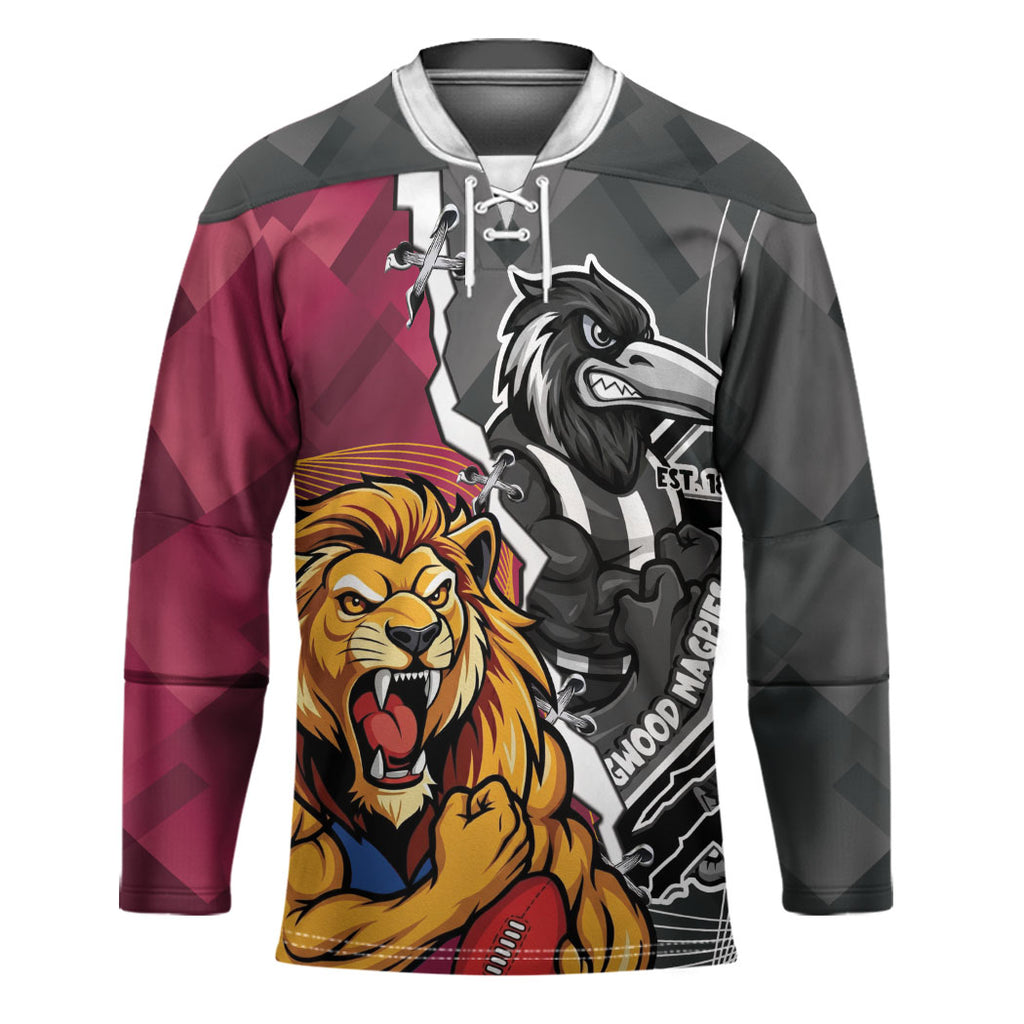 Personalised Collingwood and Brisbane Lions Hockey Jersey Dynamic Mascots Together