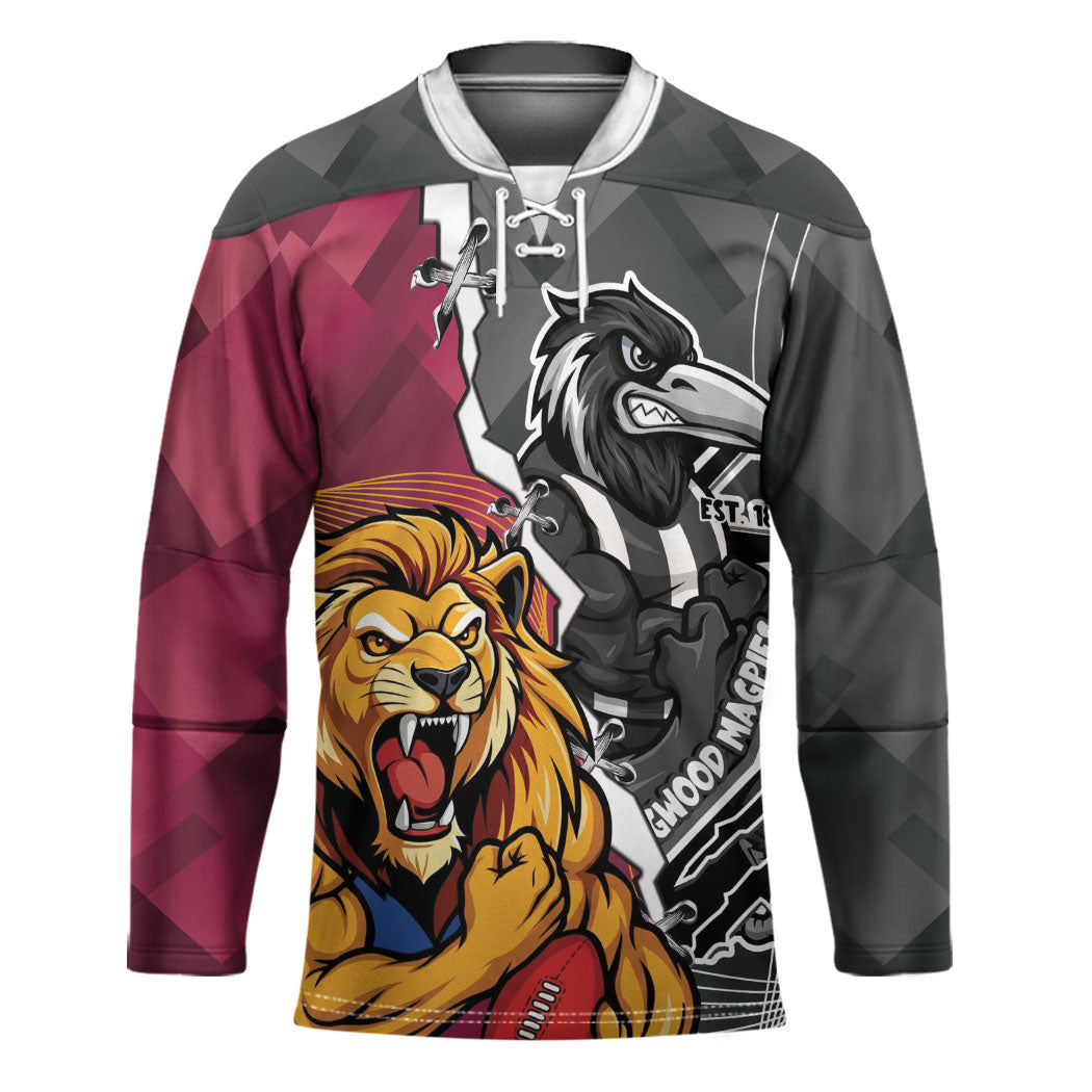 Personalised Collingwood and Brisbane Lions Hockey Jersey Dynamic Mascots Together