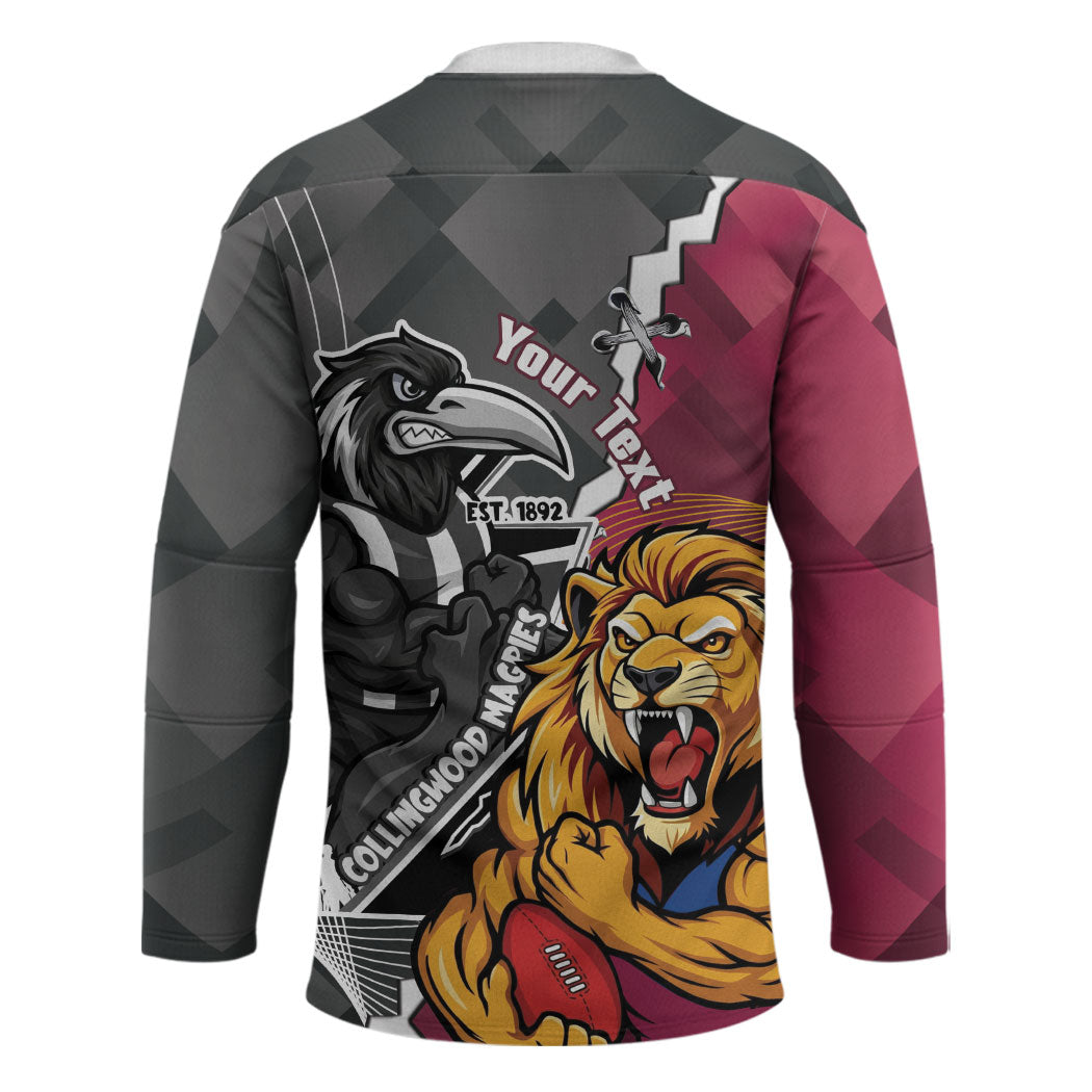 Personalised Collingwood and Brisbane Lions Hockey Jersey Dynamic Mascots Together