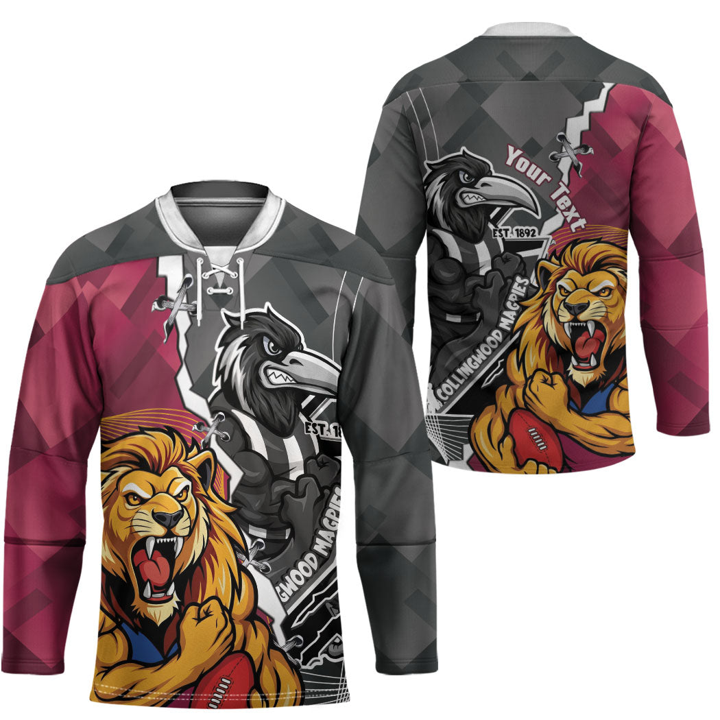 Personalised Collingwood and Brisbane Lions Hockey Jersey Dynamic Mascots Together