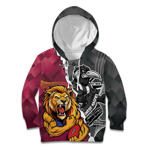 Personalised Collingwood and Brisbane Lions Kid Hoodie Dynamic Mascots Together