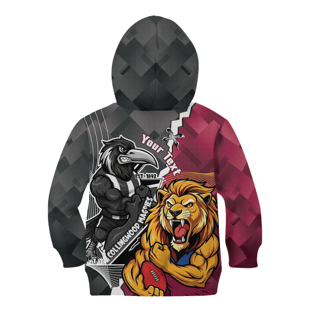 Personalised Collingwood and Brisbane Lions Kid Hoodie Dynamic Mascots Together