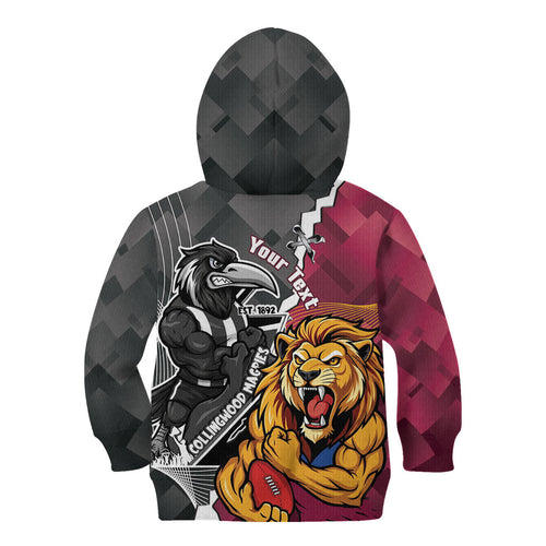 Personalised Collingwood and Brisbane Lions Kid Hoodie Dynamic Mascots Together