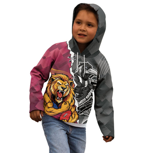 Personalised Collingwood and Brisbane Lions Kid Hoodie Dynamic Mascots Together