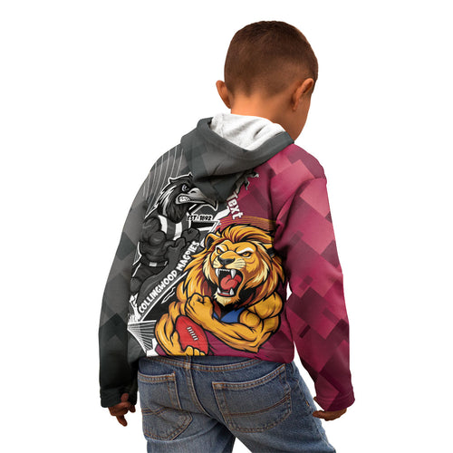 Personalised Collingwood and Brisbane Lions Kid Hoodie Dynamic Mascots Together