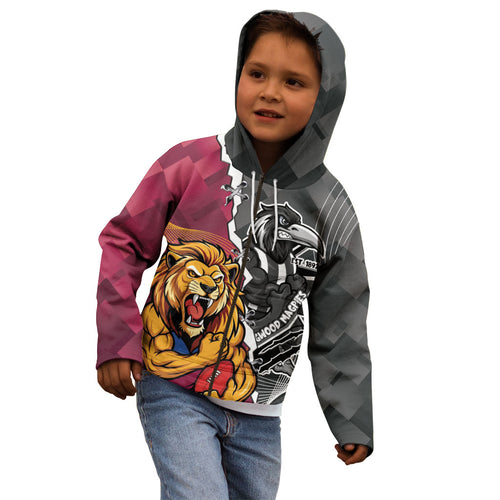 Personalised Collingwood and Brisbane Lions Kid Hoodie Dynamic Mascots Together