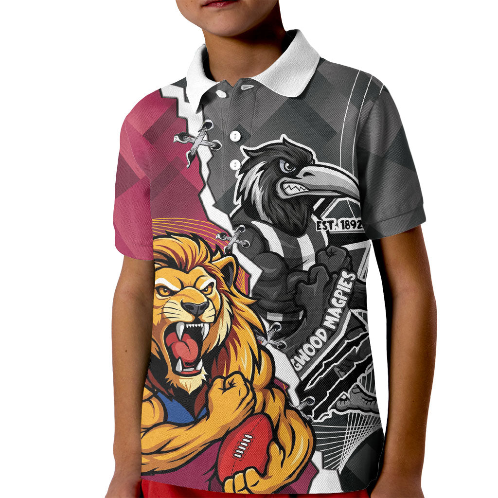 Personalised Collingwood and Brisbane Lions Kid Polo Shirt Dynamic Mascots Together