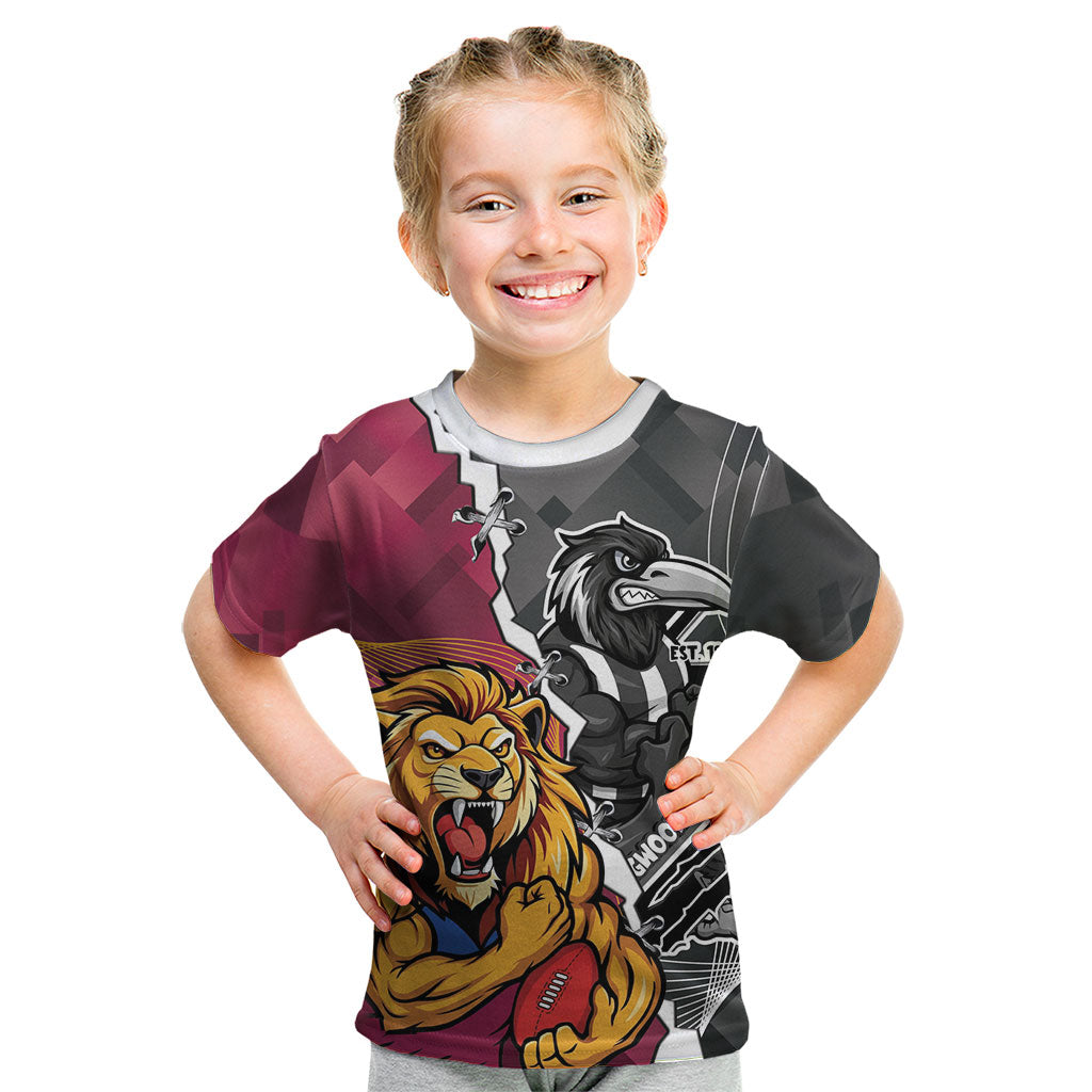 Personalised Collingwood and Brisbane Lions Kid T Shirt Dynamic Mascots Together