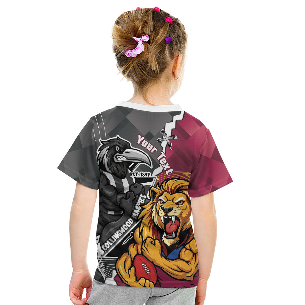 Personalised Collingwood and Brisbane Lions Kid T Shirt Dynamic Mascots Together
