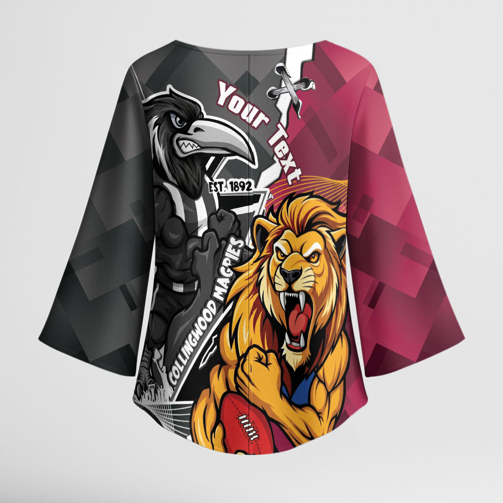 Personalised Collingwood and Brisbane Lions Kimono Sleeve Blouse Dynamic Mascots Together