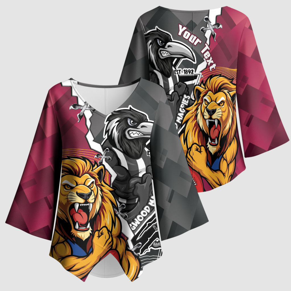 Personalised Collingwood and Brisbane Lions Kimono Sleeve Blouse Dynamic Mascots Together