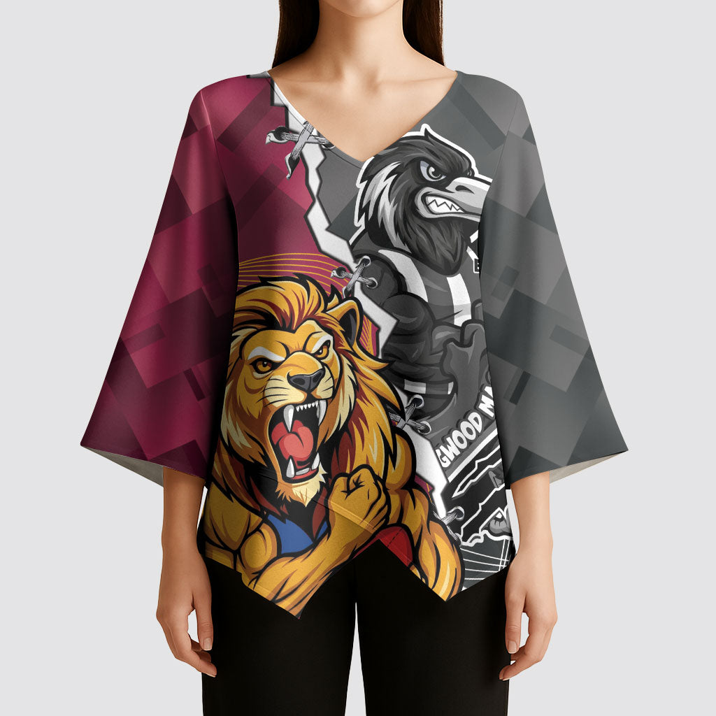 Personalised Collingwood and Brisbane Lions Kimono Sleeve Blouse Dynamic Mascots Together