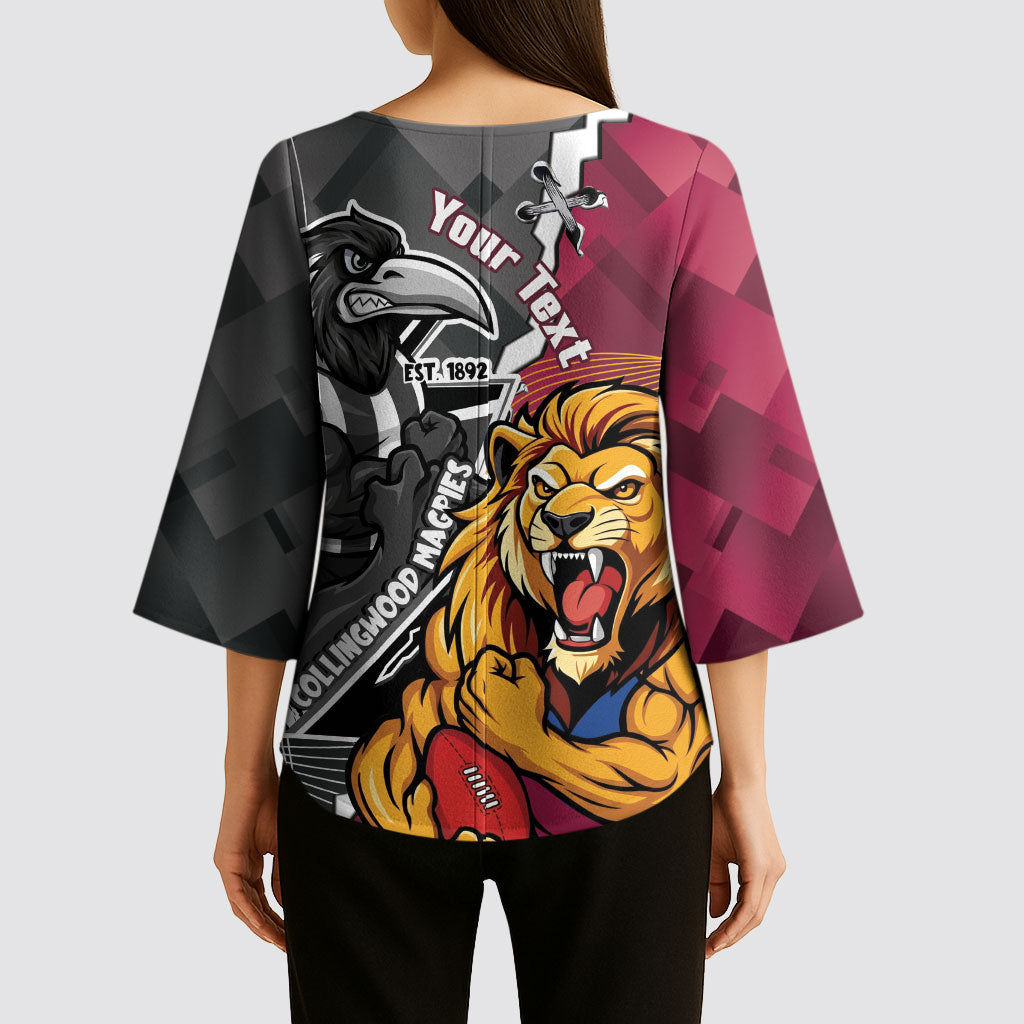 Personalised Collingwood and Brisbane Lions Kimono Sleeve Blouse Dynamic Mascots Together