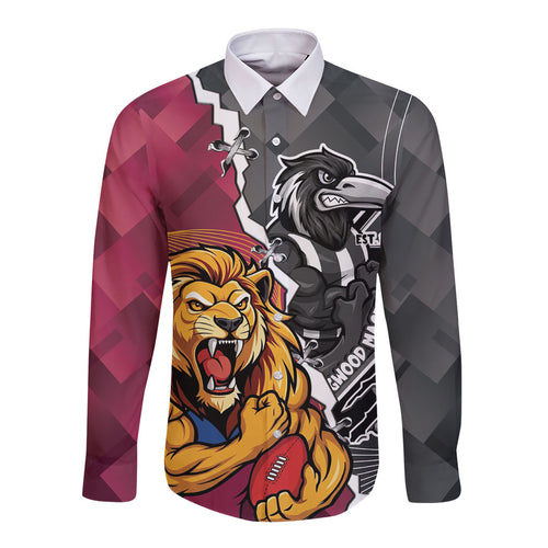 Personalised Collingwood and Brisbane Lions Long Sleeve Button Shirt Dynamic Mascots Together