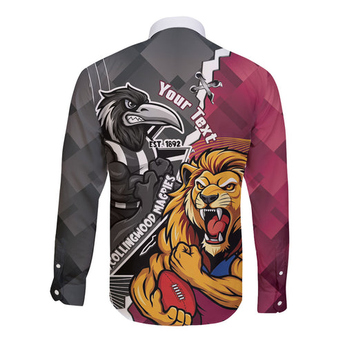 Personalised Collingwood and Brisbane Lions Long Sleeve Button Shirt Dynamic Mascots Together