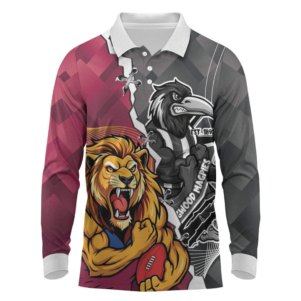Personalised Collingwood and Brisbane Lions Long Sleeve Polo Shirt Dynamic Mascots Together