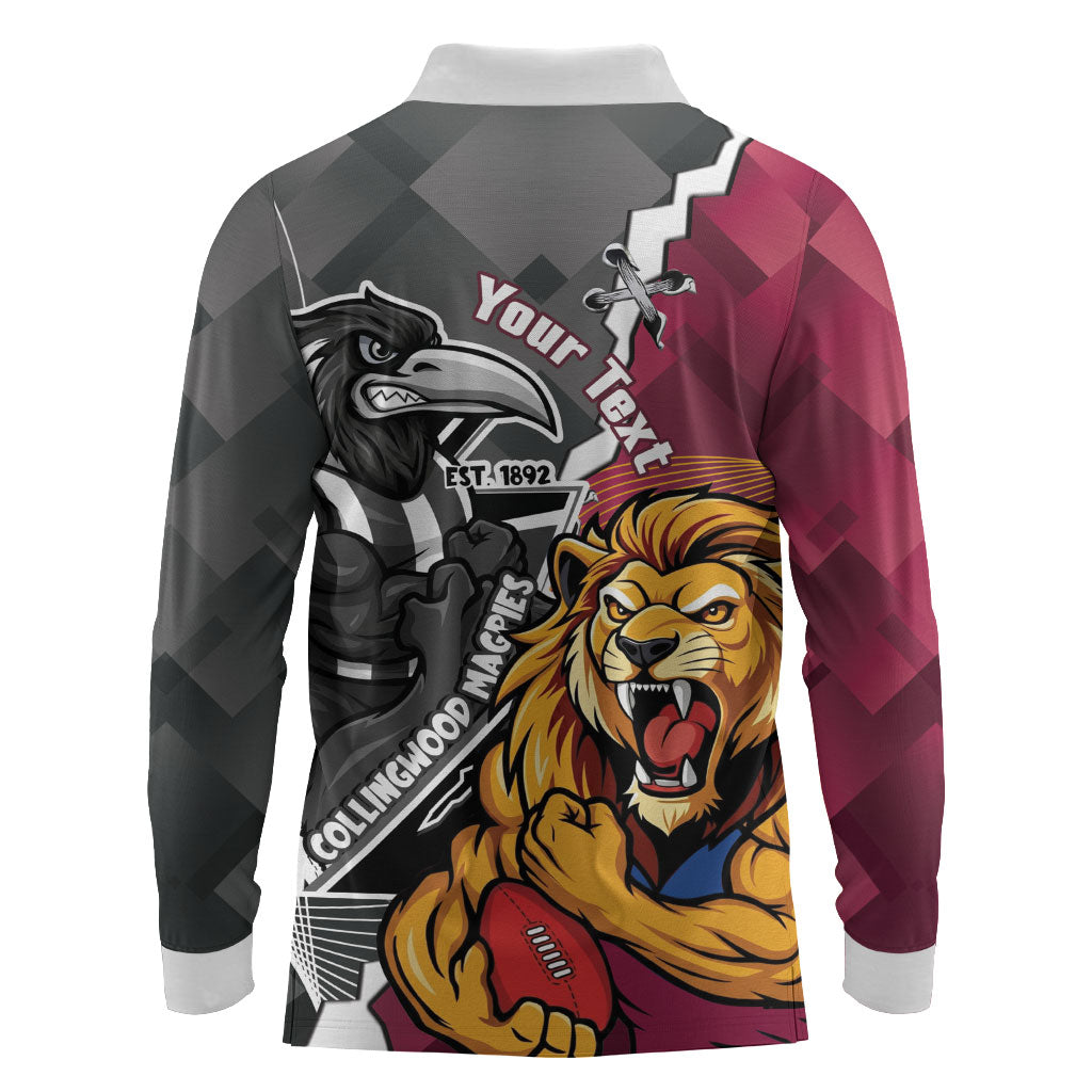 Personalised Collingwood and Brisbane Lions Long Sleeve Polo Shirt Dynamic Mascots Together