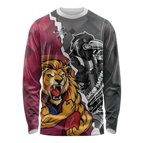 Personalised Collingwood and Brisbane Lions Long Sleeve Shirt Dynamic Mascots Together