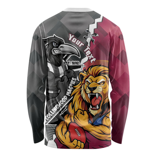 Personalised Collingwood and Brisbane Lions Long Sleeve Shirt Dynamic Mascots Together
