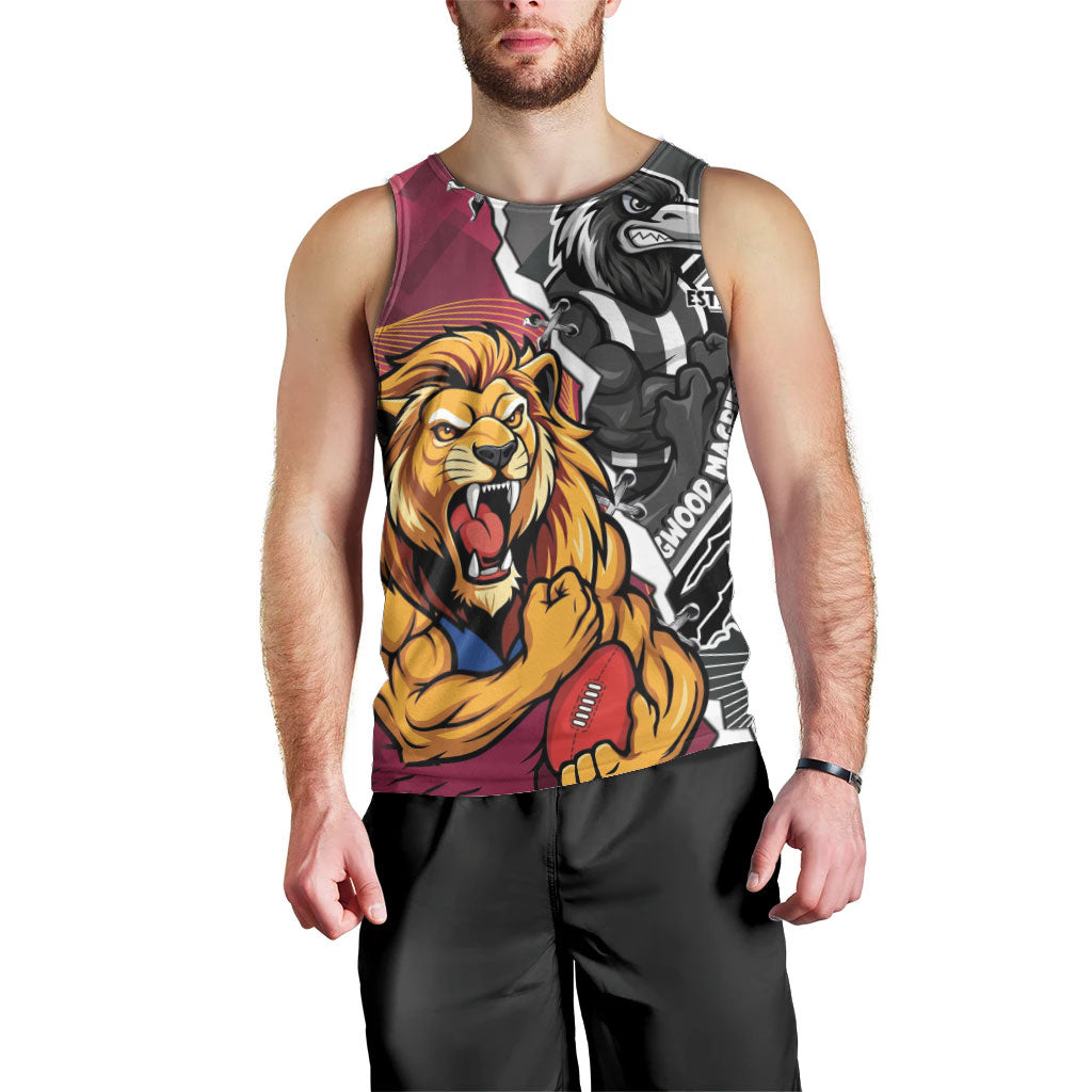 Personalised Collingwood and Brisbane Lions Men Tank Top Dynamic Mascots Together