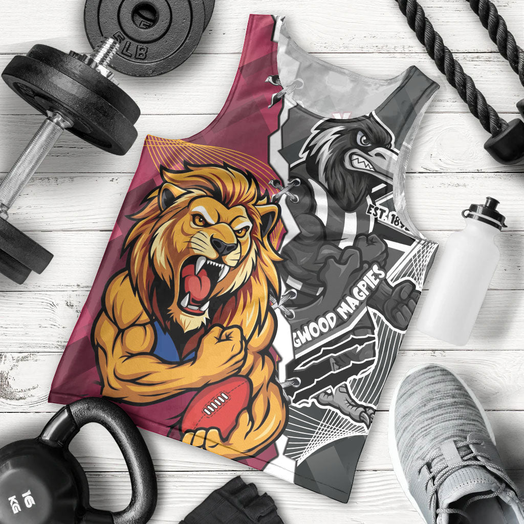Personalised Collingwood and Brisbane Lions Men Tank Top Dynamic Mascots Together