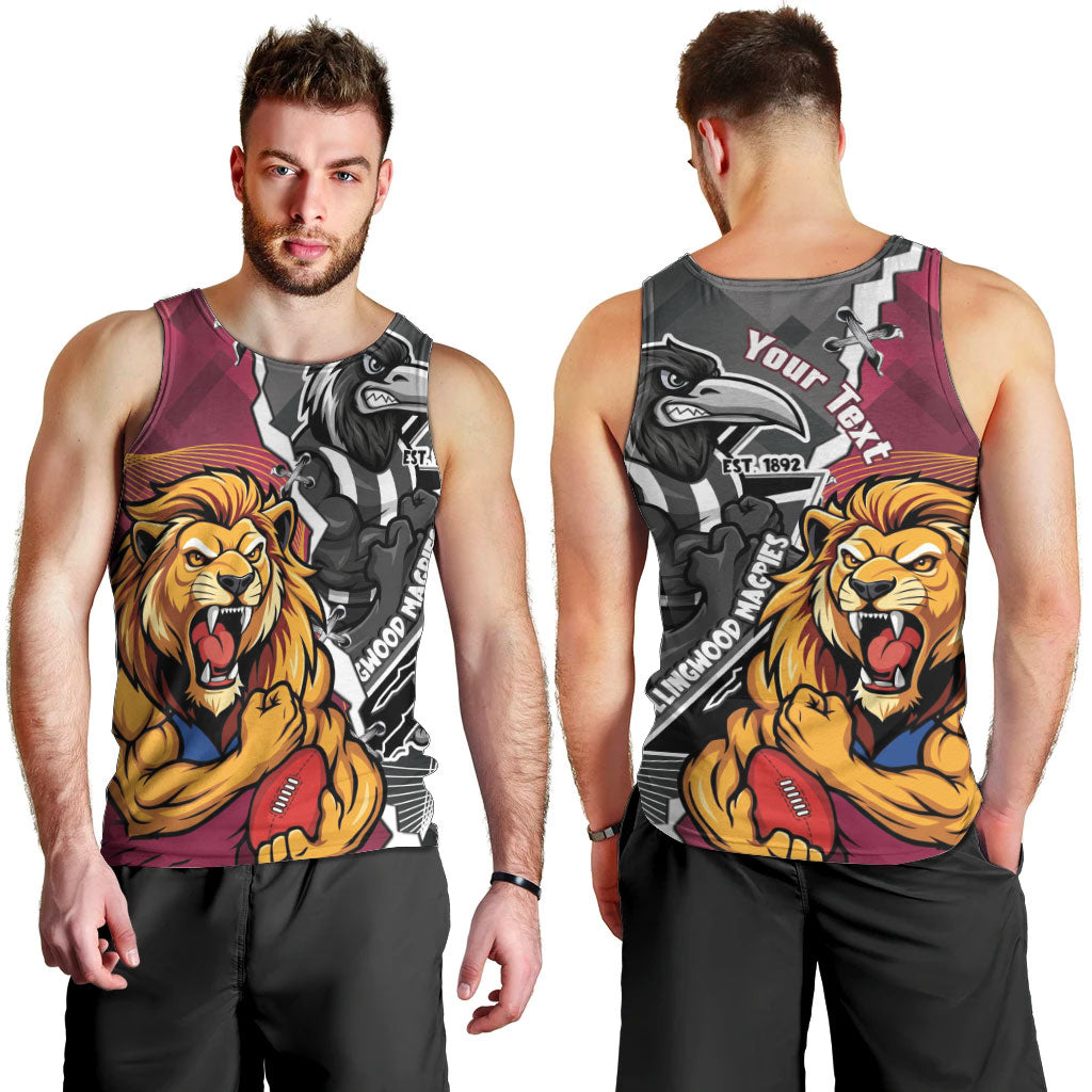 Personalised Collingwood and Brisbane Lions Men Tank Top Dynamic Mascots Together